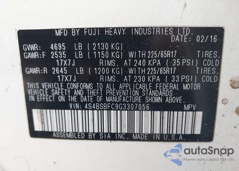 2016 Subaru Outback 2.5I Premium from USA, damaged, VIN 4S4BSBFC9G3307056